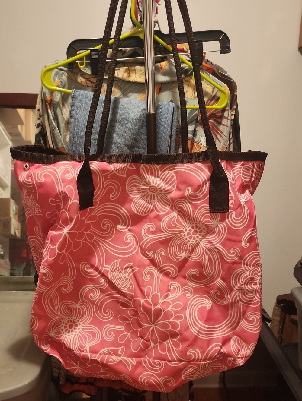 Pink Floral Tote with Dark Brown Handles